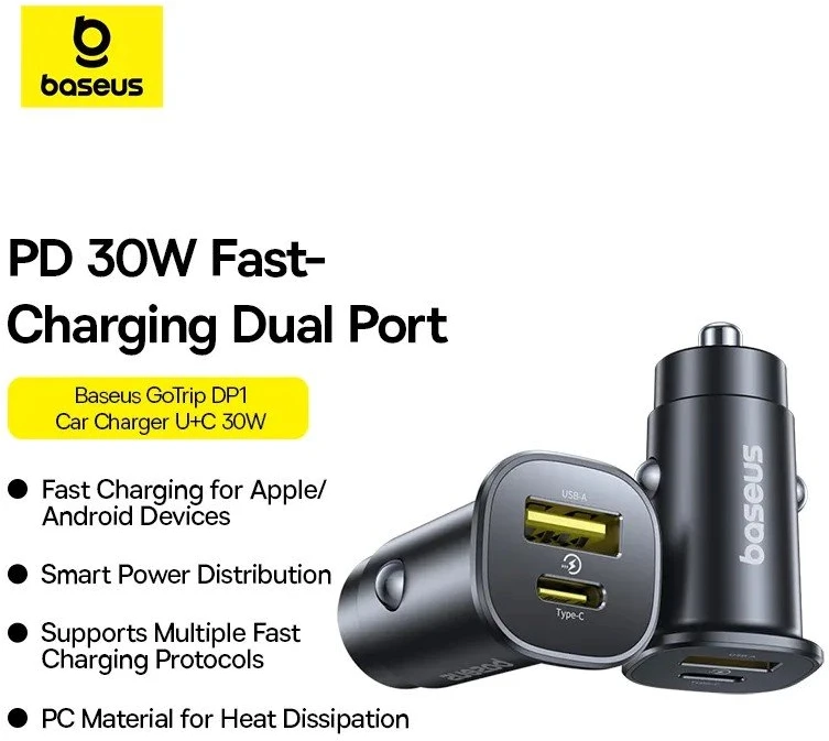 Baseus Automobilinis įkroviklis GoTrip 30W 12-24V USB-A + USB-C QC PD, juodas