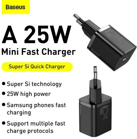 Baseus kelioninis įkroviklis Super Si 1C greitasis įkroviklis 25W EU juodas (CCSP020101)