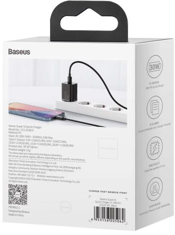 Baseus Sieninis įkroviklis Super Si 30W USB-C QC3.0 PD, juodas