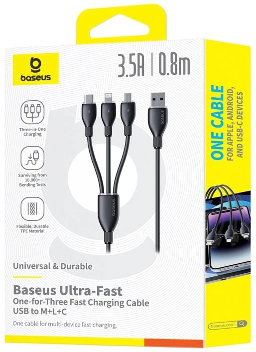 Baseus itin spartus „trys viename“ greitojo įkrovimo laidas USB-A į M+L+C 3.5A 0.8m Cosmic Juodas