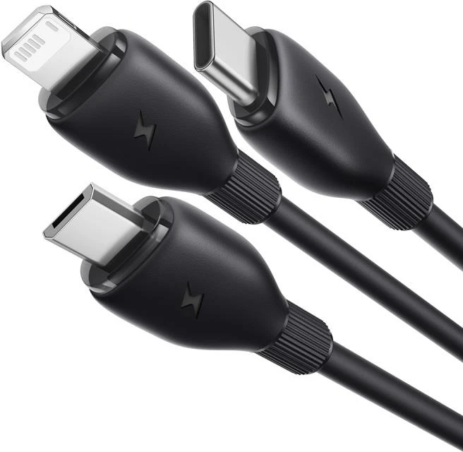 Baseus itin spartus „trys viename“ greitojo įkrovimo laidas USB-A į M+L+C 3.5A 0.8m Cosmic Juodas