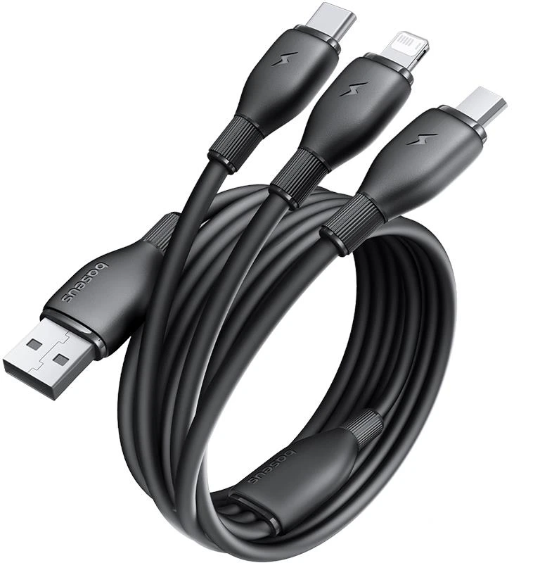 Baseus itin spartus „trys viename“ greitojo įkrovimo laidas USB-A į M+L+C 3.5A 0.8m Cosmic Juodas