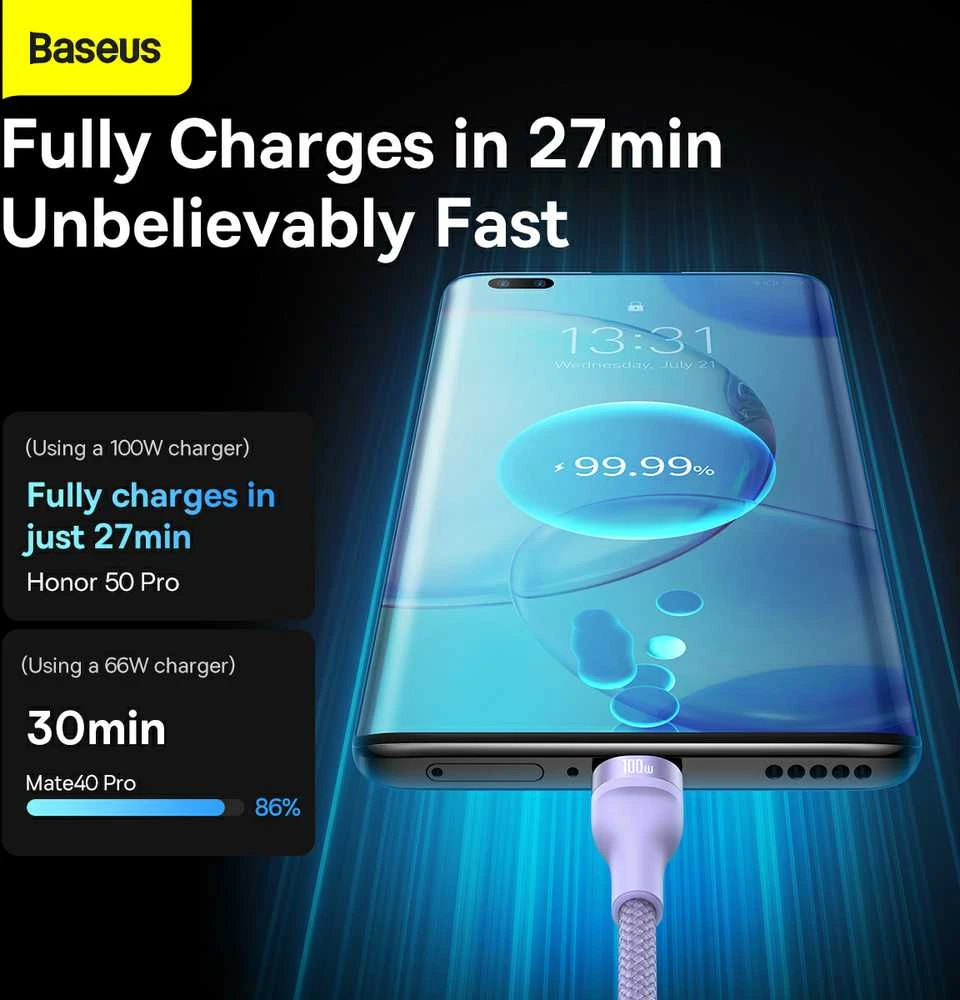 Baseus Flash Series 3 su 1-ben USB kabeliu, USB-C + mikro USB + Lightning, 100 W, 1.2 m (lila)