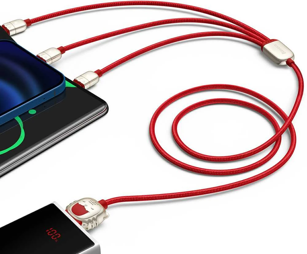 Baseus kabelis Year of the Tiger 3 in 1 – USB į Type C, Lightning, Micro USB – 3,5A 1,2 metras (CASX010009) raudonos spalvos