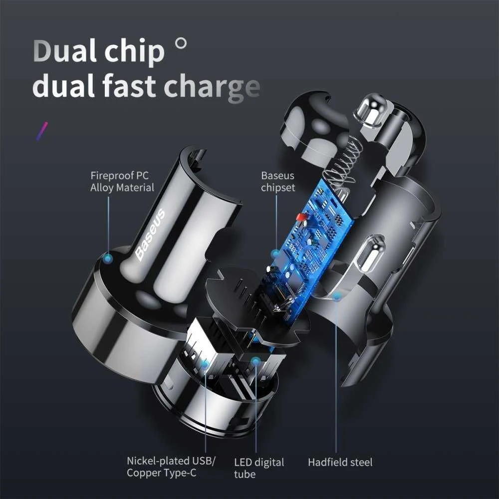 Dėklas Baseus Magic USB + USB-C QC 4.0 PD 45W automobilinis įkroviklis - juodas