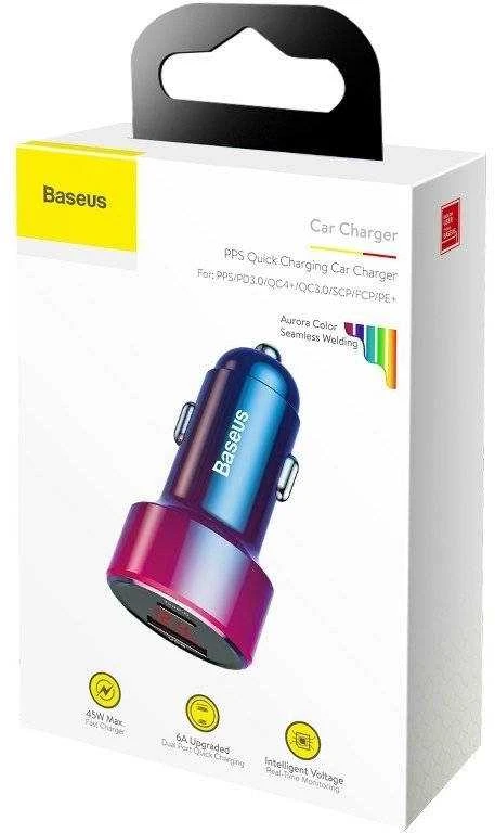 Dėklas Baseus Magic automobilinis įkroviklis USB + USB-C QC 4.0 PD 45W - Raudonas / Mėlynas