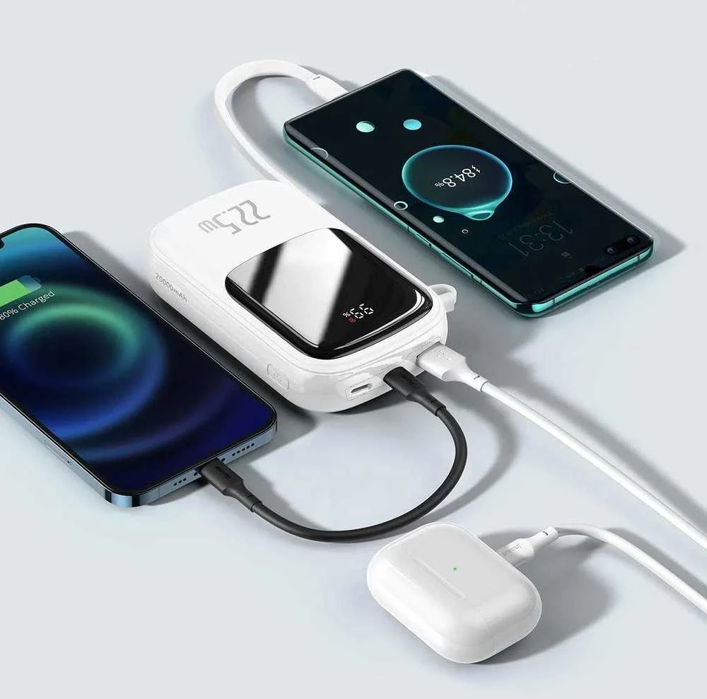 Powerbank Baseus Qpow PRO su laidu, 20000mAh, 22.5W (balta)