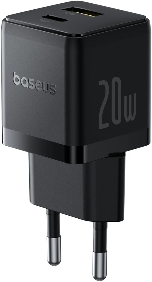 Baseus Sieninis įkroviklis Palm 20W USB + USB-C QC3.0 PD3.0 su USB-C kabeliu 1m, juodas