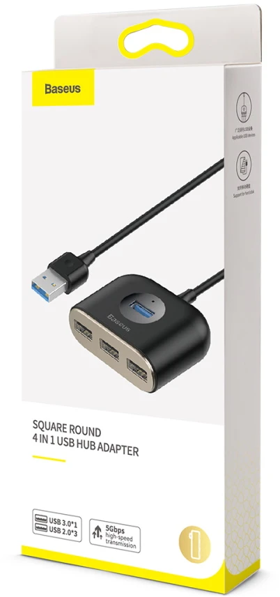 USB įkrovimo adapteris Baseus Square round 4in1 (USB3.0 TO USB3.0*1+USB2.0*3) 1m juodas CAHUB-AY01