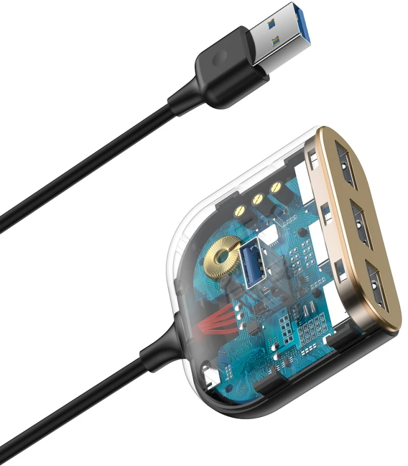 USB įkrovimo adapteris Baseus Square round 4in1 (USB3.0 TO USB3.0*1+USB2.0*3) 1m juodas CAHUB-AY01
