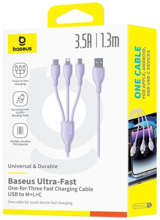 Baseus itin spartus „trys viename“ greitojo įkrovimo laidas USB-A į M+L+C 3.5A 1.3m Nebula Violetinė