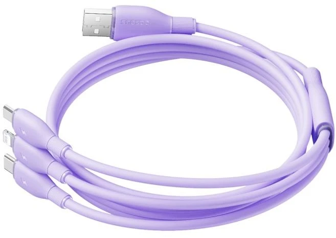 Baseus itin spartus „trys viename“ greitojo įkrovimo laidas USB-A į M+L+C 3.5A 1.3m Nebula Violetinė