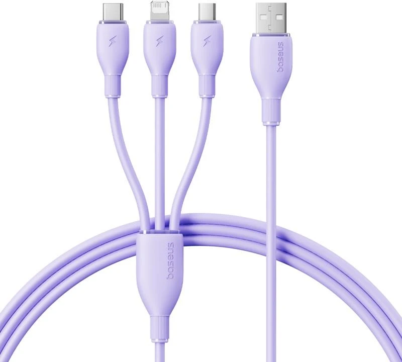 Baseus itin spartus „trys viename“ greitojo įkrovimo laidas USB-A į M+L+C 3.5A 1.3m Nebula Violetinė
