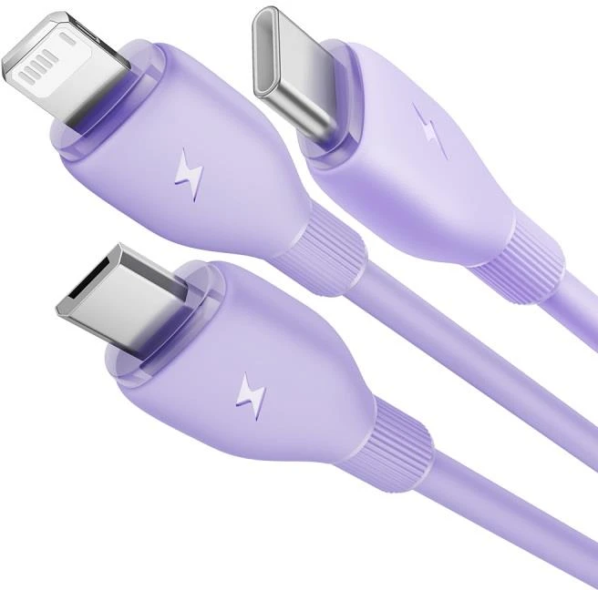 Baseus itin spartus „trys viename“ greitojo įkrovimo laidas USB-A į M+L+C 3.5A 1.3m Nebula Violetinė