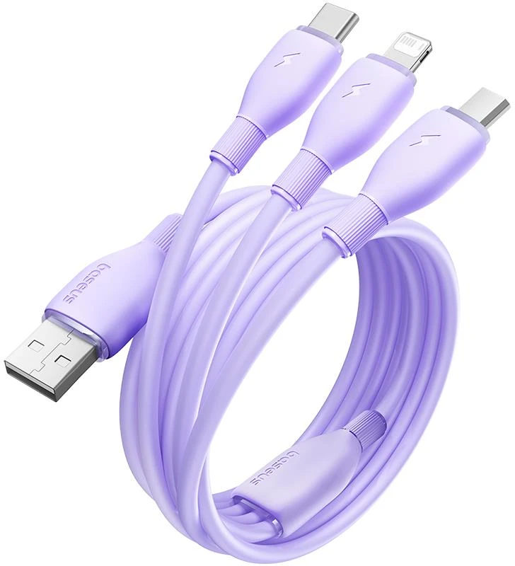 Baseus itin spartus „trys viename“ greitojo įkrovimo laidas USB-A į M+L+C 3.5A 1.3m Nebula Violetinė