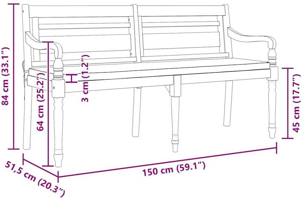 Batavia suoliukas su pagalvėle, 150cm, tikmedžio masyvas