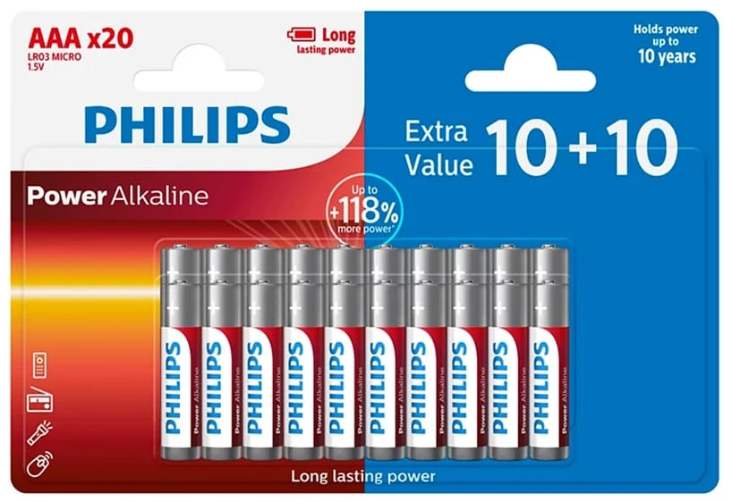 Baterija PHILIPS AAA LR03 lizdinė pakuotė 10+10vnt.