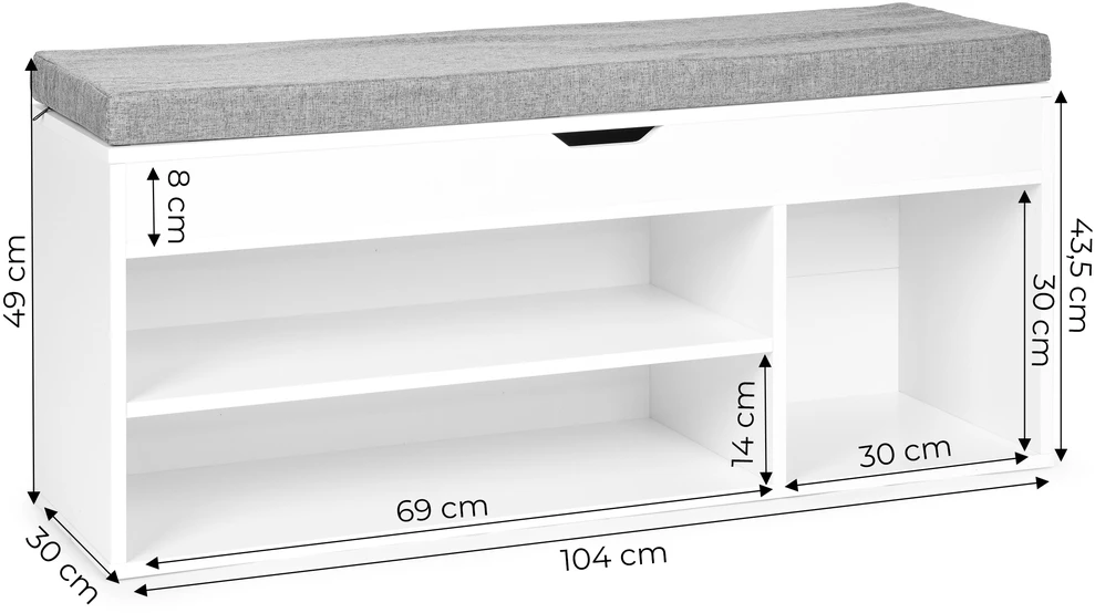 Modernhome Batų spintelė su pakeliama sėdyne, 3 lentynos, balta