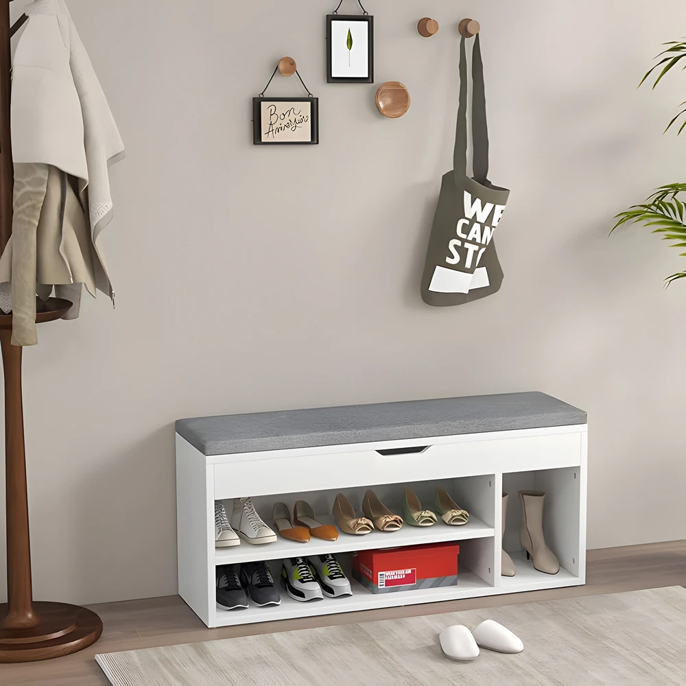 Modernhome Batų spintelė su pakeliama sėdyne, 3 lentynos, balta