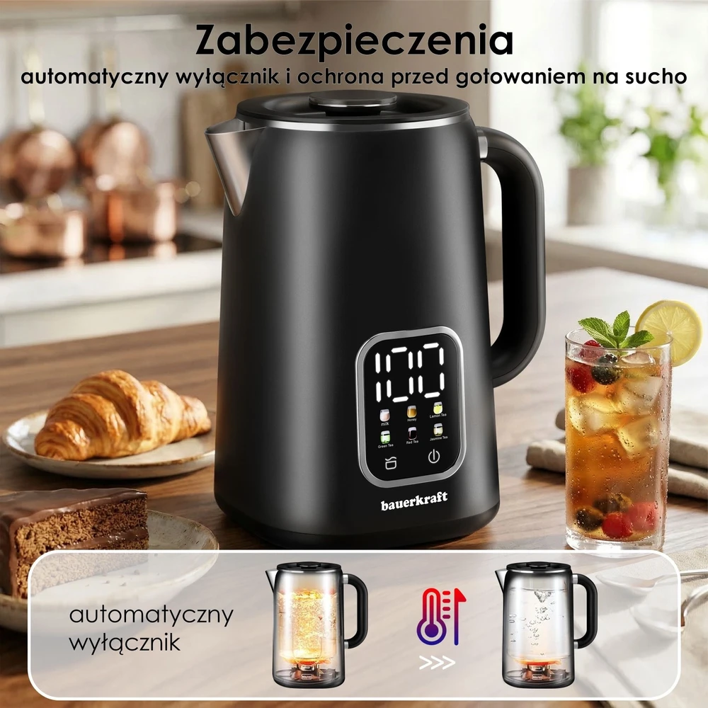 Bauerkraft Elektrinis juodas virdulys 1,7 l, su temperatūros reguliavimo funkcija