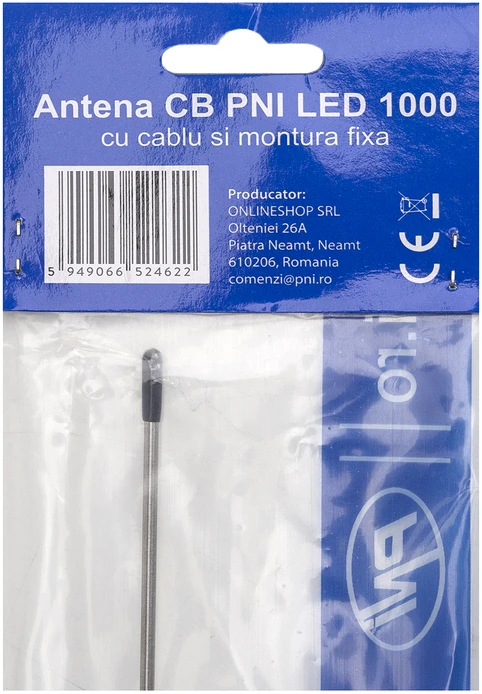 Bax 30 vienetų CB antenos PNI LED 1000 sulankstomos, 80 cm ilgio, su kabeliu ir drugelio tipo tvirtinimu, 26-30 MHz, 300 W, šviečia siuntimo metu