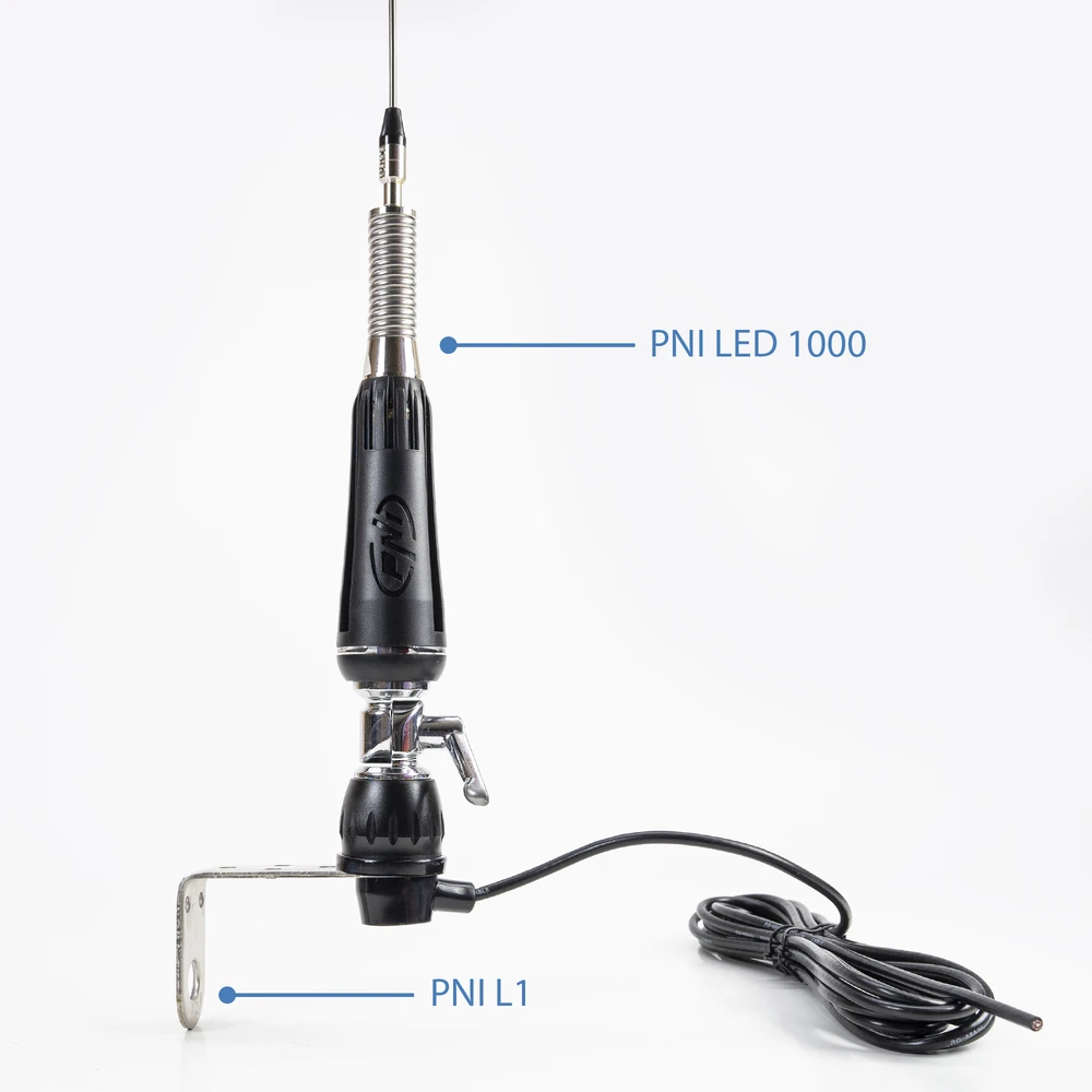 Bax 30 vienetų CB antenos PNI LED 1000 sulankstomos, 80 cm ilgio, su kabeliu ir drugelio tipo tvirtinimu, 26-30 MHz, 300 W, šviečia siuntimo metu