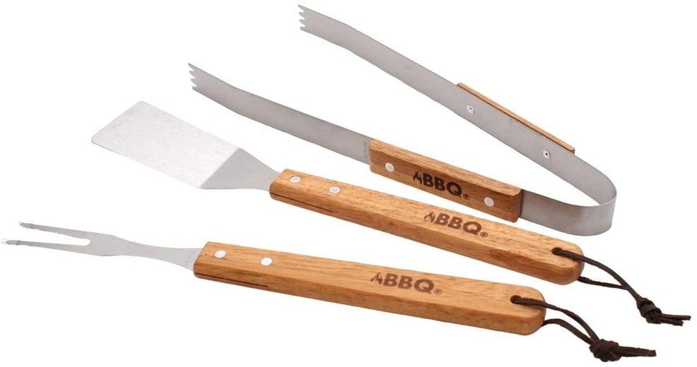 Bbq Line 3 dalių grilio įrankių rinkinys su medinėmis rankenomis