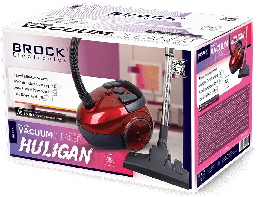 „Brock“ dulkių siurblys | BVC5002RD | Su maišeliu | Galia 850 W | Dulkių talpa 1,5 l | Raudona