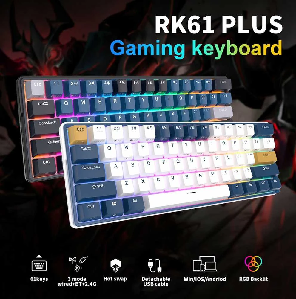 Royal Kludge RK61 Plus RGB Indigo belaidė klaviatūra | 60%, Hot-swap, SkyCyan switches, US