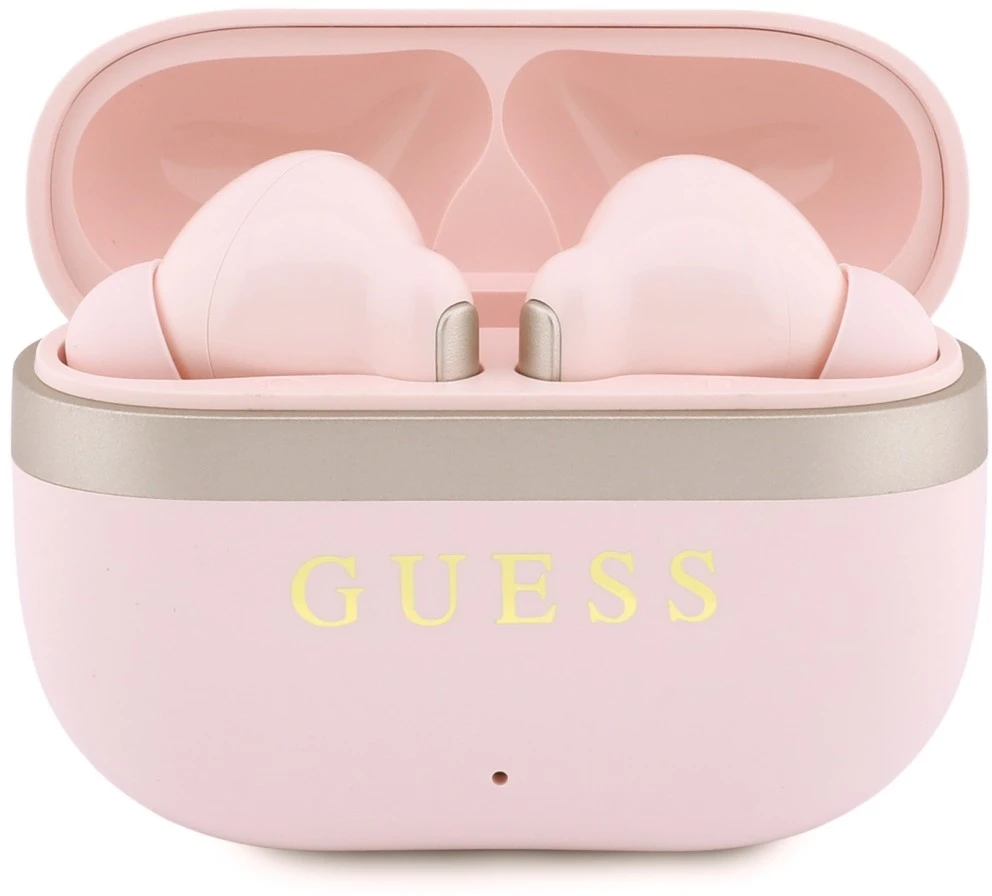 Belaidės ausinės TWS Guess Glossy Auksinė LinePrinted Classic Logo rožinės spalvos