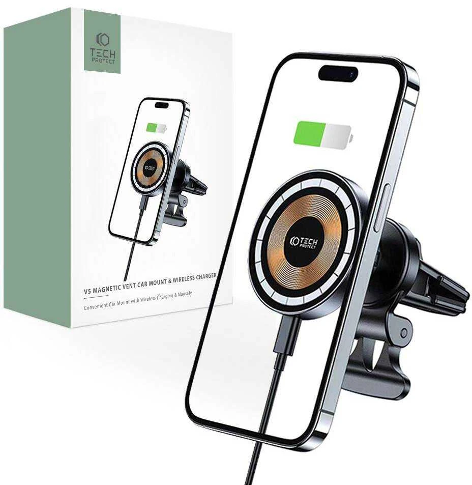 Belaidis automobilinis telefono įkroviklis 15W MagSafe Tech-Protect mm15W-V5 juodos spalvos