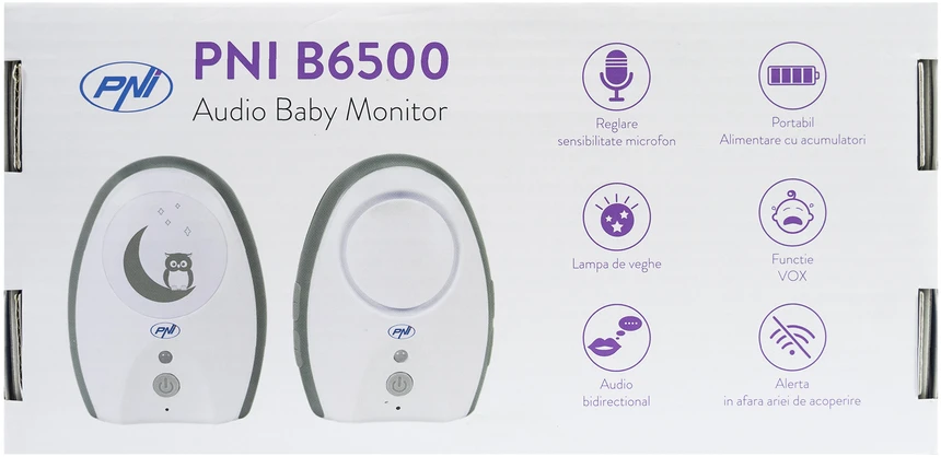 Belaidis garso kūdikių monitorius PNI B6500, domofonas, su naktine lempa, „Vox“ ir „Pager“ funkcijomis, reguliuojamu mikrofono jautrumu