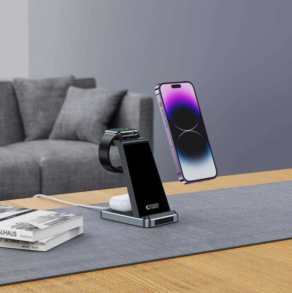 Belaidis įkroviklis 3in1 MagSafe Tech-Protect QI15W-A26 juodos spalvos