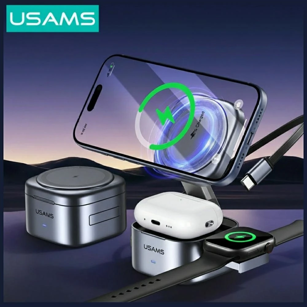 Belaidis įkroviklis 3in1 Usams CD257 Qi2 tarnish