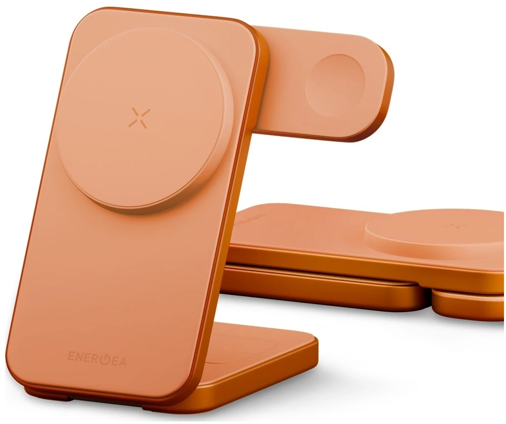 Belaidis įkroviklis Energea MagTrio 2 3-in-1 Qi2 25W foldable oranžinės spalvos