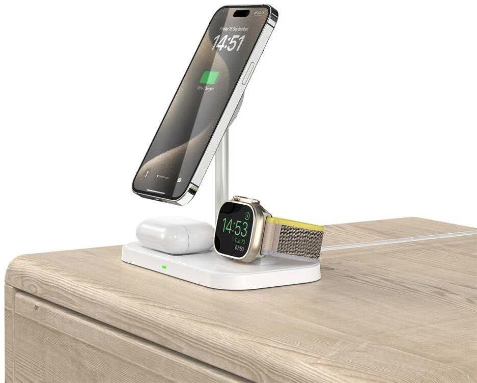 Belaidis magnetinis įkroviklis 3in1 15W telefonams su MagSafe, AirPods, Apple Watch Watch Tech-Protect QI15W A22 baltos spalvos