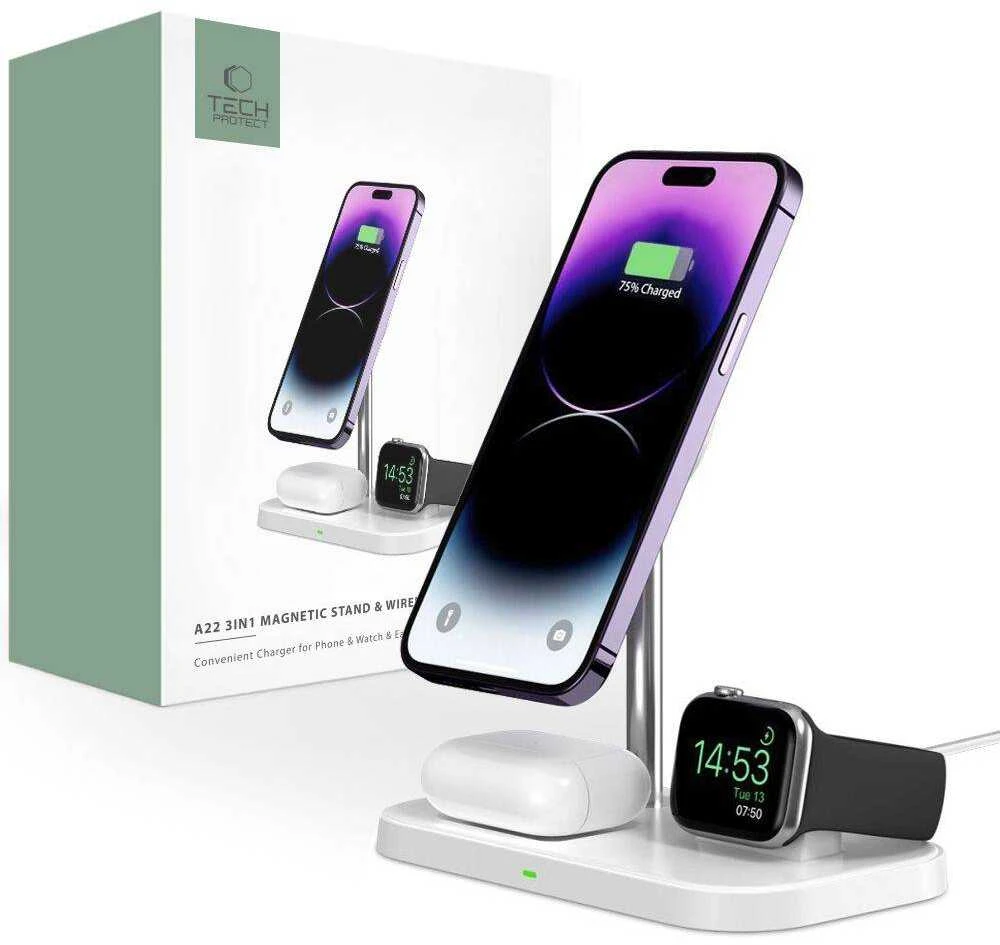 Belaidis magnetinis įkroviklis 3in1 15W telefonams su MagSafe, AirPods, Apple Watch Watch Tech-Protect QI15W A22 baltos spalvos