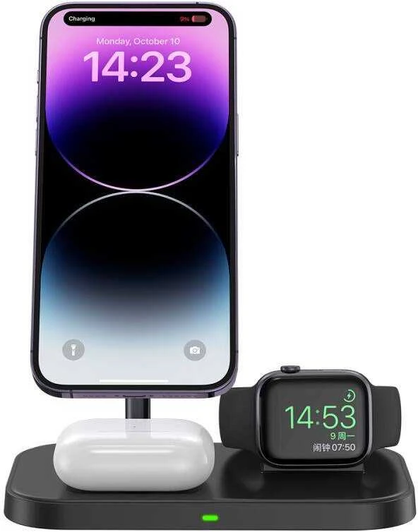 Belaidis magnetinis įkroviklis 3in1 15W telefonams su MagSafe, AirPods, Apple Watch Watch Tech-Protect QI15W A22 juodos spalvos