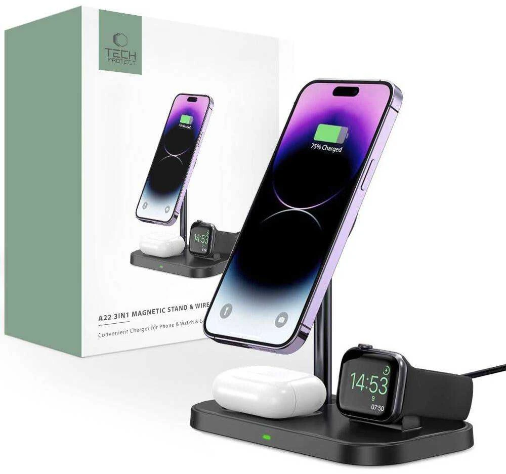 Belaidis magnetinis įkroviklis 3in1 15W telefonams su MagSafe, AirPods, Apple Watch Watch Tech-Protect QI15W A22 juodos spalvos