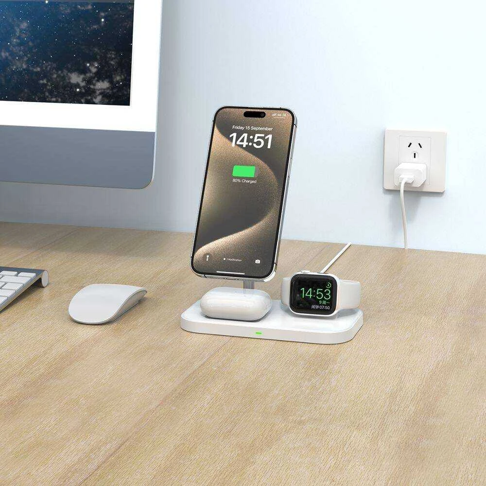 Belaidis magnetinis įkroviklis 3in1 15W telefonams su MagSafe, AirPods, Apple Watch Watch Tech-Protect QI15W A22 baltos spalvos