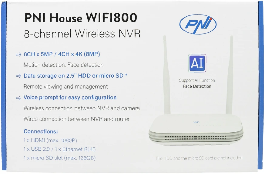 Belaidis NVR PNI House WIFI800, 8 kanalų 5MP ir 4 kanalų 4K (8MP), balso pranešimas