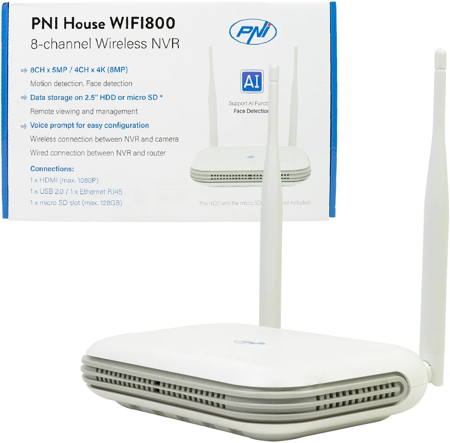 Belaidis NVR PNI House WIFI800, 8 kanalų 5MP ir 4 kanalų 4K (8MP), balso pranešimas