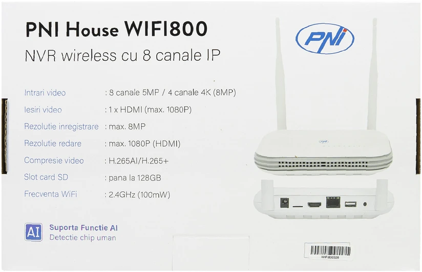 Belaidis NVR PNI House WIFI800, 8 kanalų 5MP ir 4 kanalų 4K (8MP), balso pranešimas