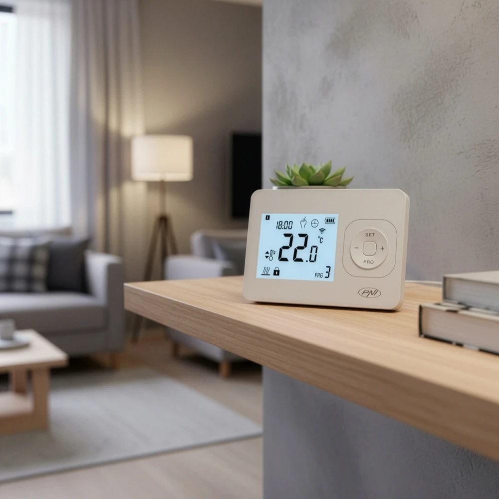 Belaidis termostatas PNI CT62 šildymo sistemoms, apšviečiamas ekranas, dienos programos