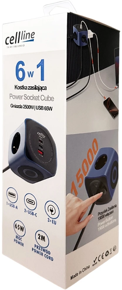 Beline Cellline Power Socket Cube 6in1 2500W USB/2xUSB-C 65W mėlynas