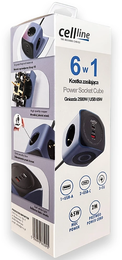 Beline Cellline Power Socket Cube 6in1 2500W USB/2xUSB-C 65W mėlynas