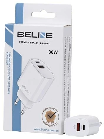 Beline įkroviklis 1x USB-C + 1x USB 30W baltos spalvos (tik antgalis) PD 3.0 + QC 3.0 BLN2CW30 GaN