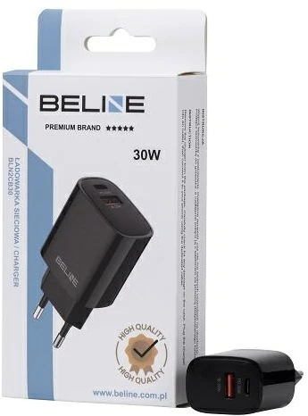 Beline laidinis įkroviklis 1x USB-C + 1x USB 30Wjuodos spalvos (only head) PD 3.0 + QC 3.0 BLN2CB30 GaN