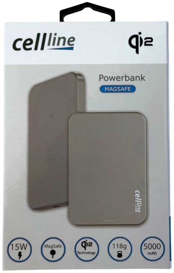 Beline Mini Powerbank Cellline MagSafe 5000mAh Qi2 15W CL-MBP-02 pilkos spalvos / titano Magnetinis belaidis mini įkroviklis