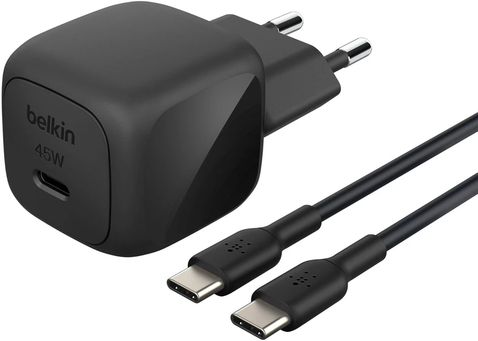Belkin BoostCharge kompaktiškas USB-C įkroviklis 45W su USB-C į USB-C laidu – 1 metras – Juodas